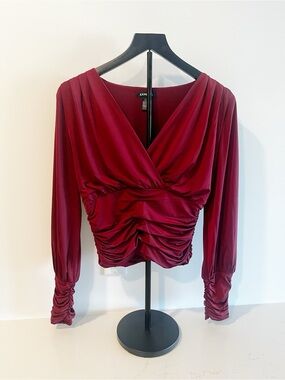 Express Burgundy Ruched V-Neck Long-Sleeve Blouse